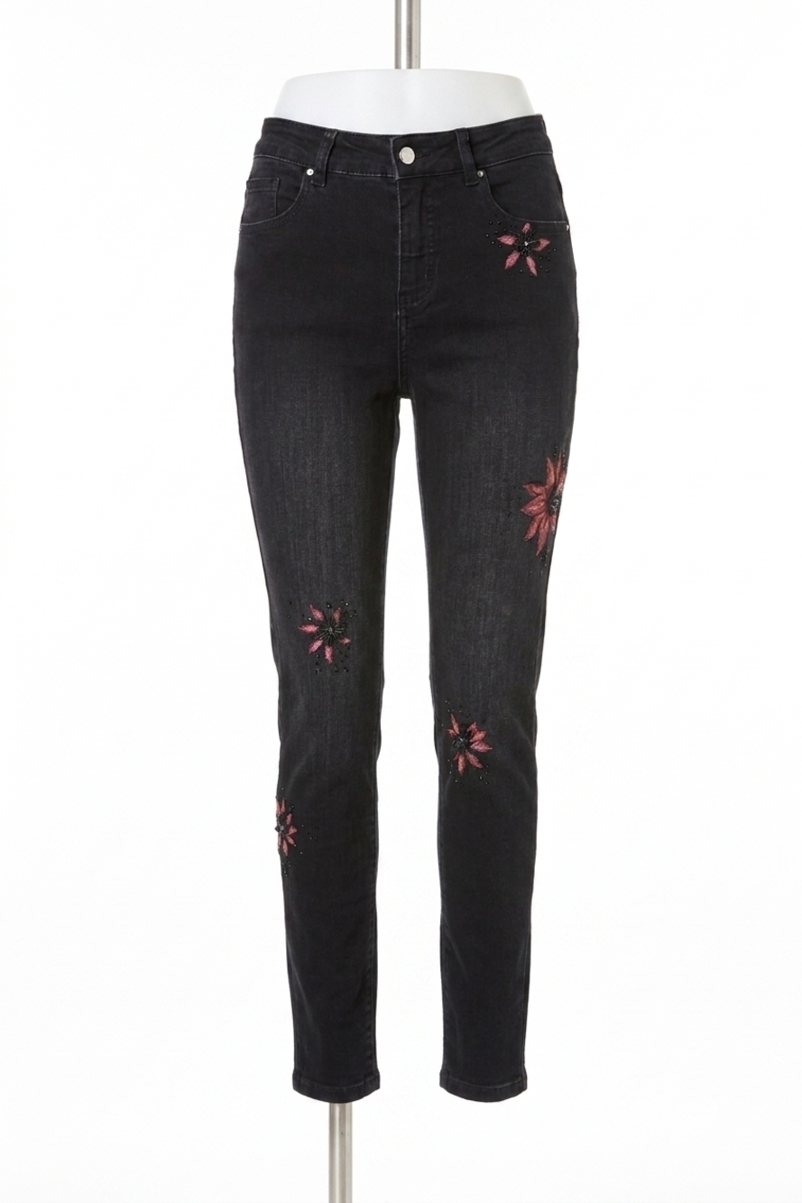 NEW FRANK LYMAN embroidered flower jeans in black/magenta